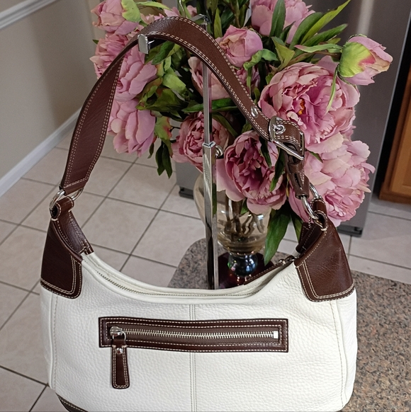 Coach 13089 Ivory pebble leather brown trim Hamilton  Coach Hamilton Pebble Leather Ivory With Brown
